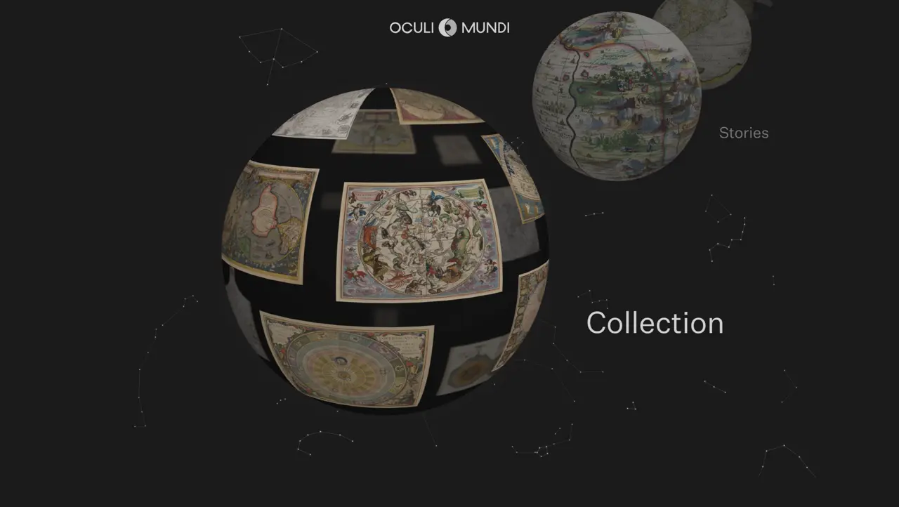 Een screenshot van de website van Oculi Munci, waarop verschillende oude kaarten op 3d bollen te zien zijn